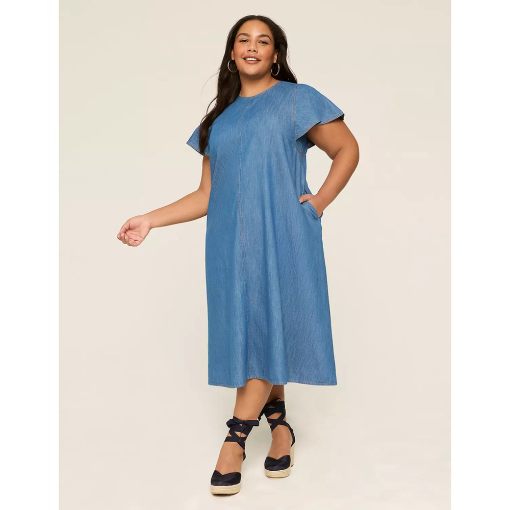Lane Bryant Plus Size 20 Chambray Denim Midi Dress with Pockets
